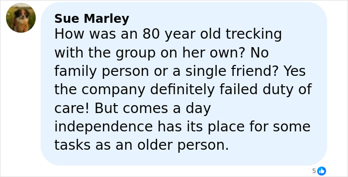 Comment from Sue Marley questioning elderly woman&rsquo;s solo trekking and cruise ship&rsquo;s duty of care failure.