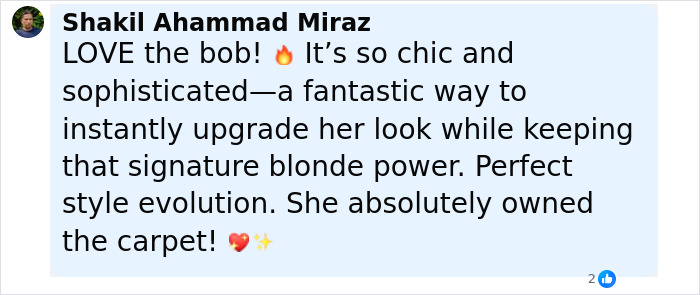 Screenshot of a comment praising Sydney Sweeney&rsquo;s chic bob hairstyle amid her MAGA transformation controversy.