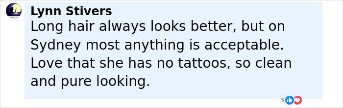 Comment praising Sydney Sweeney&rsquo;s clean look with no tattoos, discussing her style amid the MAGA transformation backlash.