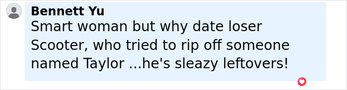 Comment criticizing Scooter as a loser and sleazy leftovers, shared by Bennett Yu in a social media post.