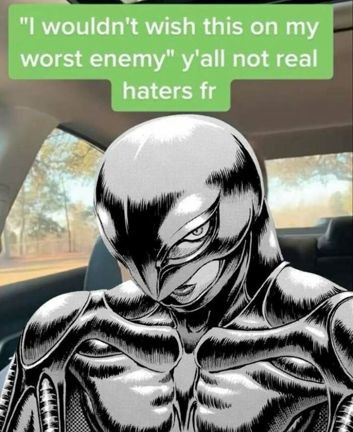 Manga-style character with a sinister expression inside a car, paired with text about evil thoughts and fake haters.