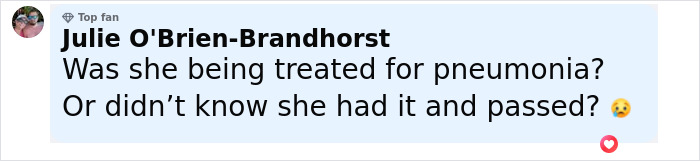 Comment mentioning concerns about Diane Keaton cause after unexpected passing, questioning pneumonia treatment.