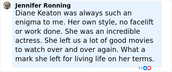 Comment praising Diane Keaton&rsquo;s unique style and legacy as an incredible actress, reflecting on her lasting impact.