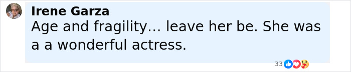 Comment by Irene Garza expressing sympathy about Diane Keaton's age and fragility after unexpected passing.