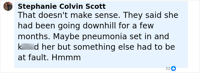 Comment from Stephanie Colvin Scott discussing confusion about Diane Keaton cause revealed after unexpected passing.