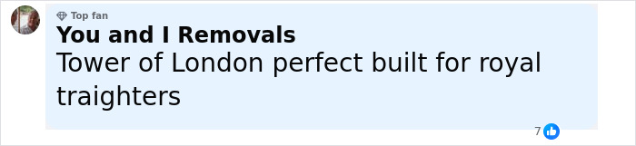 Facebook comment from You and I Removals mentioning Tower of London and royal traffickers in a discussion about Prince Andrew allegations.