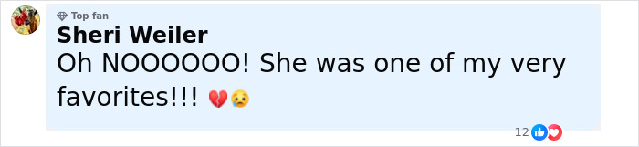 Comment by Sheri Weiler expressing sadness over Diane Keaton&rsquo;s health decline and home sale efforts with broken heart emojis.