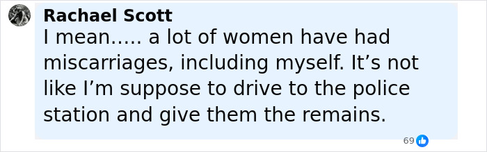 Text message from Rachael Scott discussing women having miscarriages and not giving remains to the police station.