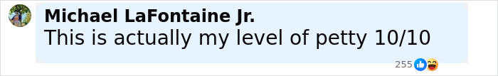 Screenshot of a Facebook comment by Michael LaFontaine Jr. saying his level of petty is 10/10 in response to a funny story.