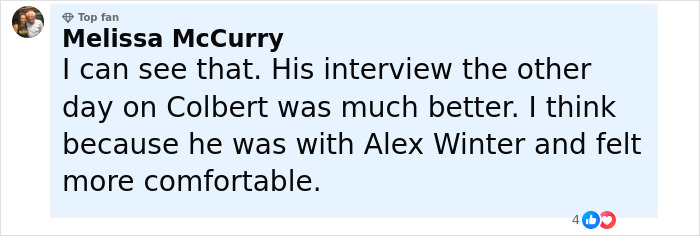 User comment on Keanu Reeves interview, discussing comfort level and comparison to previous appearances and guests.