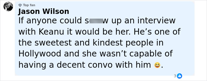 Comment from Jason Wilson defending Keanu Reeves as a kind Hollywood star amid interview controversy with Rosie O'Donnell.