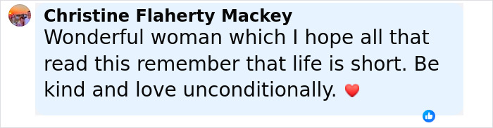 Comment praising a woman who wrote her own obituary, highlighting kindness and the brevity of life.
