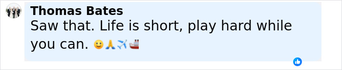 Comment by Thomas Bates on social media, sharing a positive message about life and enjoyment.