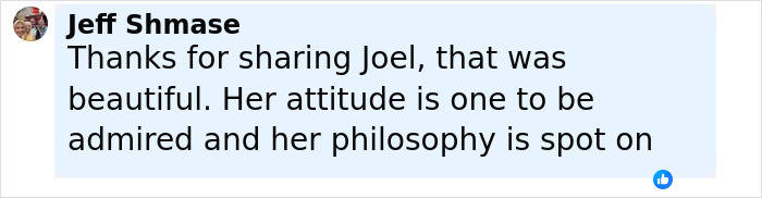 Comment from Jeff Shmase praising a woman&rsquo;s attitude and philosophy after writing her own obituary humorously.