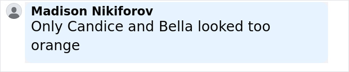 Comment box with user Madison Nikiforov commenting that only Candice and Bella looked too orange, related to Victoria's Secret models and fake tan criticism.