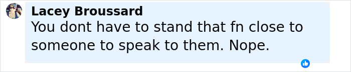 Facebook comment by Lacey Broussard discussing personal space, related to police chief and dispatcher incident.