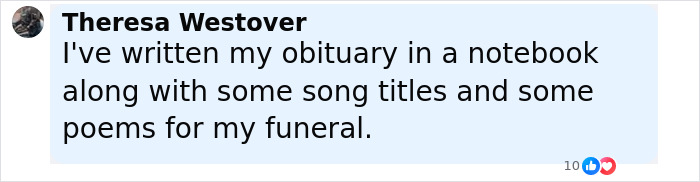 Theresa Westover sharing how she wrote her own obituary with humor, surprising and impressing many readers online.