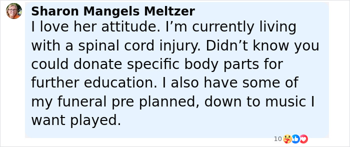 Screenshot of a woman&rsquo;s comment about writing her own obituary with a humorous attitude and funeral plans.