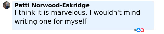 Comment by Patti Norwood-Eskridge expressing admiration for a woman who writes her own obituary humorously.