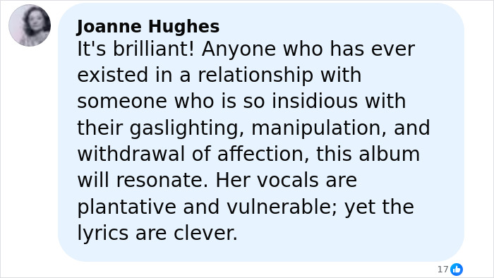 Screenshot of a social media comment praising Lily Allen&rsquo;s brutal album about David Harbour, highlighting vocals and lyrics.