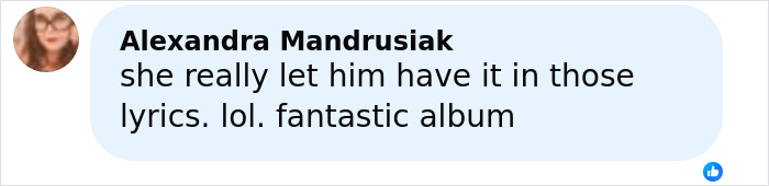 Comment by Alexandra Mandrusiak praising Lily Allen's brutal album about David Harbour and its impactful lyrics.
