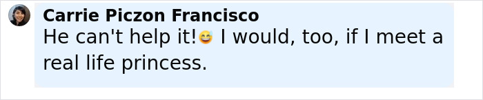 Comment from Carrie Piczon Francisco reacting to servicemen seemingly checking out Kate Middleton with humor and admiration.