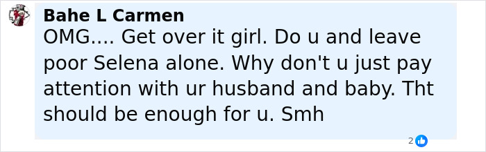 Comment expressing frustration about Hailey Bieber reopening the Selena Gomez feud with a shady diss.