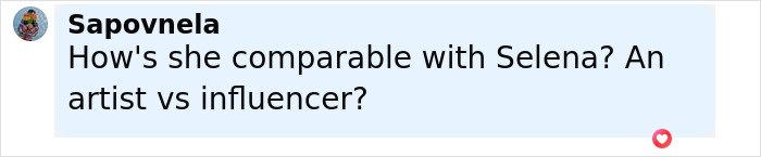 Comment highlighting a comparison between Selena Gomez as an artist and Hailey Bieber as an influencer.