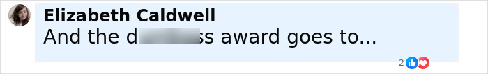 Screenshot of a social media comment by Elizabeth Caldwell reacting to a controversial award announcement.