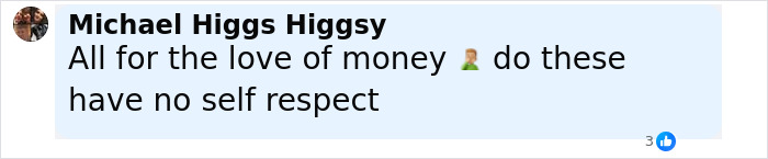 Comment on social media expressing opinion about love of money, questioning self-respect related to fame and choices.