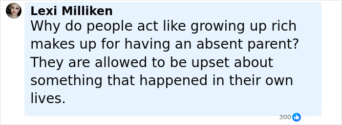 Comment from Lexi Milliken about people’s feelings on parenting and growing up rich, related to Ben Stiller parenting mistakes. Comment from Lexi Milliken about people’s feelings on parenting and growing up rich, related to Ben Stiller parenting mistakes.
