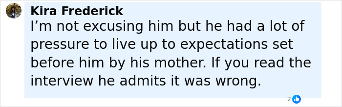 Comment by Kira Frederick discussing Ben Stiller's parenting mistakes and pressure from family expectations in a social media post. Comment by Kira Frederick discussing Ben Stiller's parenting mistakes and pressure from family expectations in a social media post.