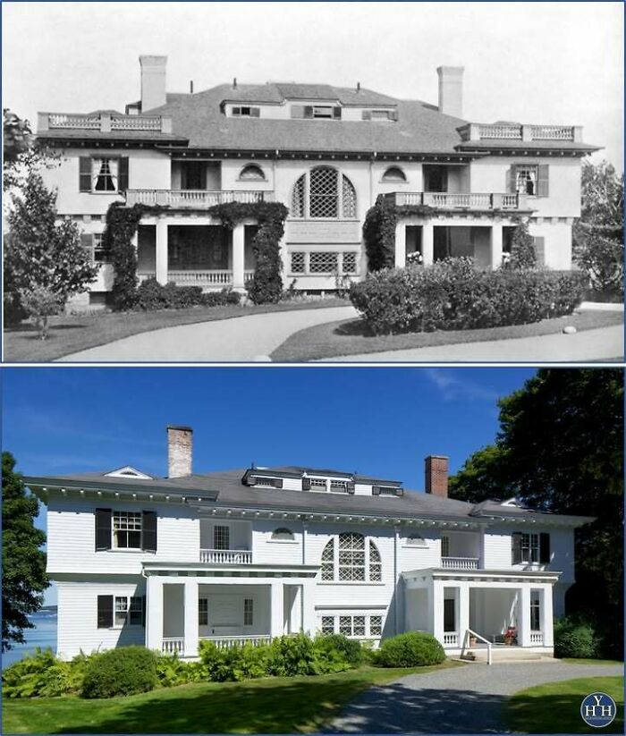 Historic house restoration showing before and after views of a grand home preserved to its historical glory.