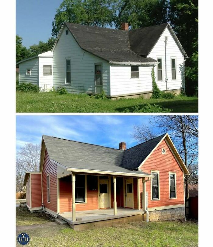 Before and after images of a restored historical house showcasing exterior renovations and improved curb appeal.