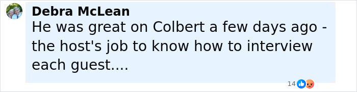 Screenshot of a Facebook comment by Debra McLean discussing Keanu Reeves as a guest and interview skills.