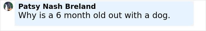 Comment by Patsy Nash Breland questioning why a 6-month-old baby was out with a dog after a pit bull attack.