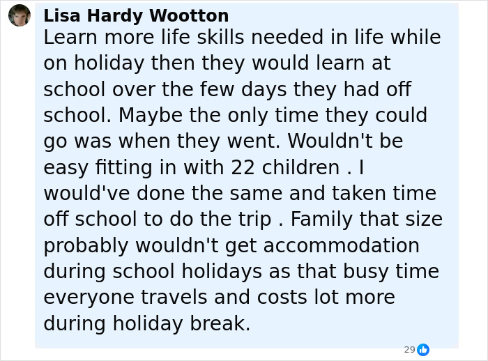 Comment from Lisa Hardy Wootton discussing challenges of managing a $70,000 Disney vacation with 22 children.