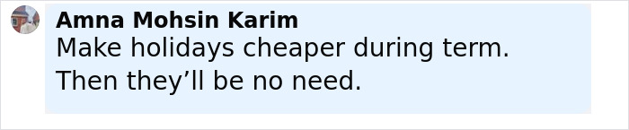 Comment by Amna Mohsin Karim suggesting making holidays cheaper during term to avoid need, related to parents of 22 and Disney vacation court case.