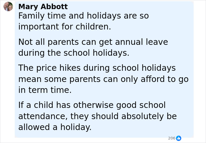 Comment from Mary Abbott on family holidays and school attendance amid price hikes affecting parents of 22 in Disney vacation court case.