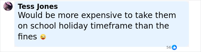 Facebook comment from Tess Jones discussing the cost comparison of a $70,000 Disney vacation and fines for parents of 22.