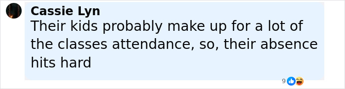 A comment by Cassie Lyn discussing impact on class attendance, related to parents of 22 and a $70,000 Disney vacation court case.