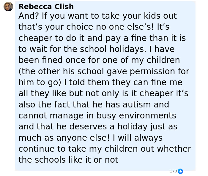 Comment from parent about $70,000 Disney vacation and school fines, highlighting autism and holiday rights.