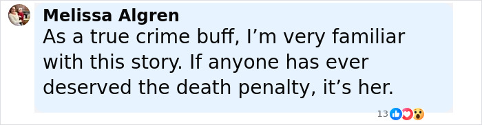 Comment from Melissa Algren expressing support for capital punishment in a jealous stabbing and pentagram carving case.