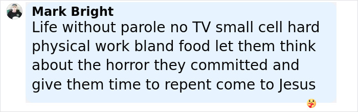 Comment from Mark Bright advocating harsh punishment with no parole and reflection for a woman involved in a jealous stabbing case.