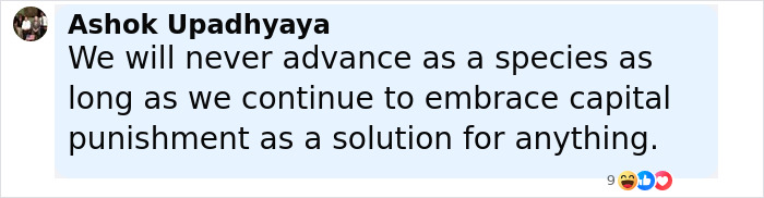 Comment about capital punishment as a solution, posted by Ashok Upadhyaya with reaction emojis visible.