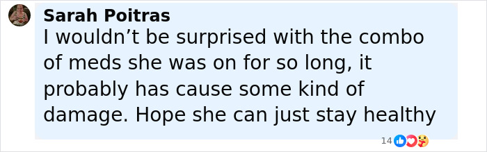 Comment by Sarah Poitras expressing concern about meds causing brain damage and hoping for Britney Spears' health.