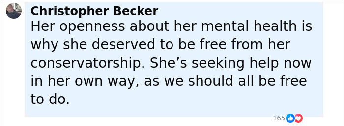 Comment highlighting Britney Spears' mental health openness amid discussions of brain damage in Kevin Federline's memoir.
