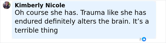 Comment by Kimberly Nicole discussing trauma impact on brain damage, relating to Britney Spears' heartbreaking confession.