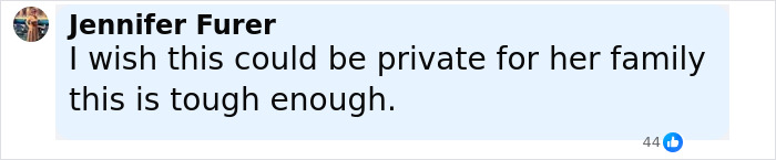 Comment from Jennifer Furer expressing hope for privacy for family after Disney superfan's major life update.