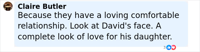 Comment by Claire Butler highlighting David Beckham's loving and comfortable relationship with his daughter.